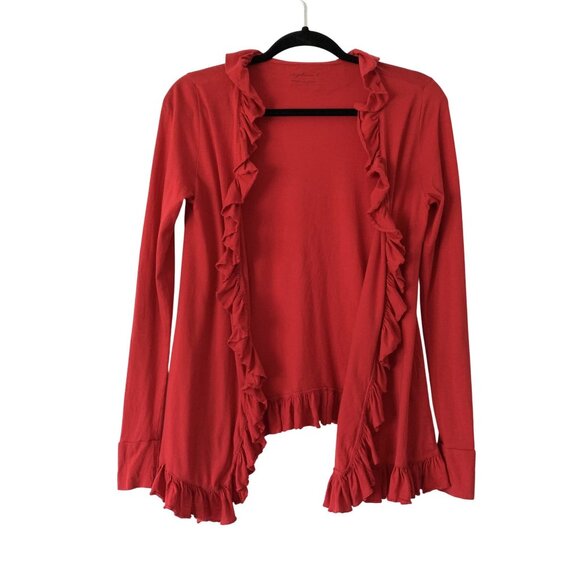 Stephanie B Red Ruffled Open Front Cardigan Sweater S 100% Pima Cotton Layer - Picture 6 of 6